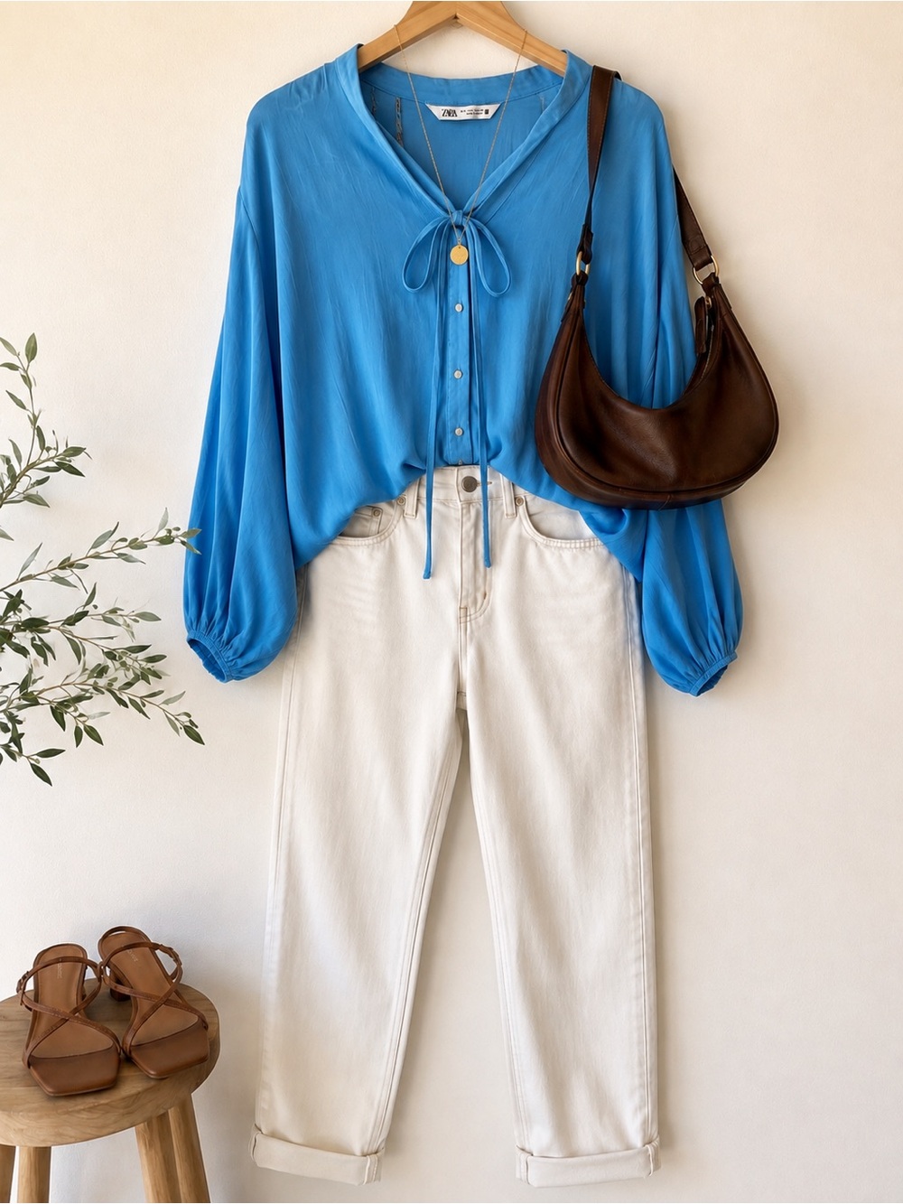 Zara Blue Tie Neck Blouse Size Small Long Sleeve Button Front